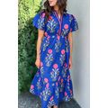 Sky Blue Floral Puff Short Sleeve V Neck High W...