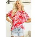 Red Abstract Print Ruffled Short Sleeve Mock Ne...