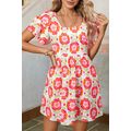 Rose Floral Print Square Neck Lace up Back Ruff...