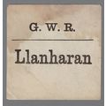 GREAT WESTERN RAILWAY LUGGAGE LABEL - LLANHARAN...