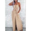 Apricot Spaghetti Straps Waist Tie Wide Leg Jum...