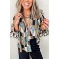 Green Geometric Print Buttoned Balloon Sleeve L...