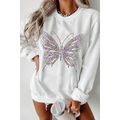 White Rhinestone Butterfly Graphic Crewneck Ove...