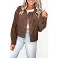 Dark Khaki Button Zip Up Lapel Collar Corduroy ...