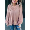Peach Blossom Loose V Neck Bubble Sleeve Knit R...