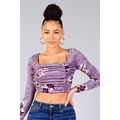 Women's Ruched Velvet Floral Back Tie Crop Top