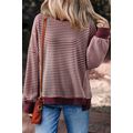 Red Stripe Ribbed Trim Drop Shoulder Long Sleev...