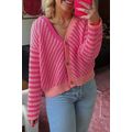 Pink Striped Buttoned V Neck Drop Shoulder Card...