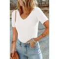 White V Neck Ribbed Knit Lightweight Short Slee...