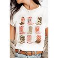 White Western Cowboy Boots Print Round Neck T S...