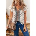 White Boho Pattern Tiered Ruffled Sleeve V Neck...