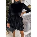Black Velvet High Neck Tiered Ruffle Mini Dress