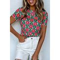 Fiery Red Retro Floral Print Crew Neck T Shirt