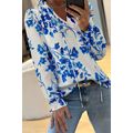 Blue Floral Long Sleeve Lace-up V Neck Blouse