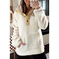Beige Fleece Colorblock Trim Buttons Collar Swe...