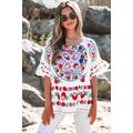 White Boho Floral Print Round Neck Ruffle Trim ...