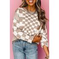 Khaki Checkered Print Drop Shoulder Round Neck ...