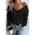Black Hollow Out Knit V Neck Drop Shoulder Sweater