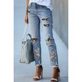 Sky Blue Printed Patch Ripped Skinny Jeans