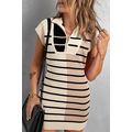 Khaki Stripe Color Block Quarter Zip Collar Sho...