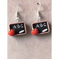 School Teacher & Students ABC Alphabet Apple Chalk Board Silver Plated Earrings