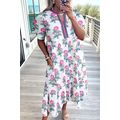 White Allover Print Contrast Split Neckline Sho...