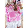 Pink Bow Knot Two Tone Checkered Crew Neck Sweater