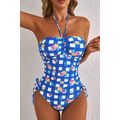 Blue Folk Gingham Halter Ruched Bodice Drawstri...