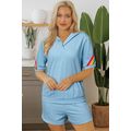 Sky Blue Rainbow Colorblock Collared Short Slee...