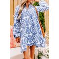 Blue Boho Floral Embroidered Notch V Neck Shift...