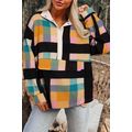 Black Plaid Print Pocketed Half Button Collared...