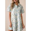 Green Floral Print Shirtcollar Buttoned Short S...