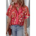 Rose Abstract Print Striped Trim Split Neck Blouse