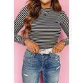 Black Stripe Knit Mock Neck Long Sleeve Slim Top