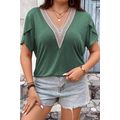 Blackish Green Plus Size Embroidery V Neck Drap...