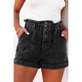 Black Vintage Washed Frilled High Waist Denim S...