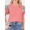 Peach Blossom Contrast Ricrac Floral Sleeve Top