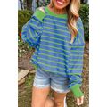 Sky Blue Stripe Trimmed Round Neck Drop Shoulde...