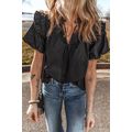 Black Ruffled Puff Short Sleeve Loose Blouse