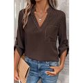 Brown Stripe V Neck Roll Up Sleeve Pocket Patch...
