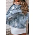 Sky Blue Sequin Embellished Fringe Distressed D...