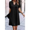 Black Notched Neck Pleated Puff Sleeve Shift T-...