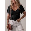 Black Mesh Ruffled Sleeve Slim Fit V Neck Top
