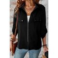 Black Collar Tab Sleeve Zip Up Flap Detail Jacket