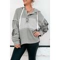 Gray Waffle Printed Patchwork Drawstring Hooded...