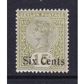 CEYLON 1893-99 CROWN CA WMK 6c SURCHARGE ON 15c...
