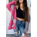 Rose Red Cheetah Pattern Open Front Knitted Car...