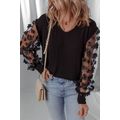 Black Flower Applique Mesh Long Sleeve V Neck B...