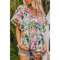 White Tropical Floral Print Ruffled Short Sleev...