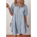 Beau Blue Shirt Collar Button Up Short Puff Sle...